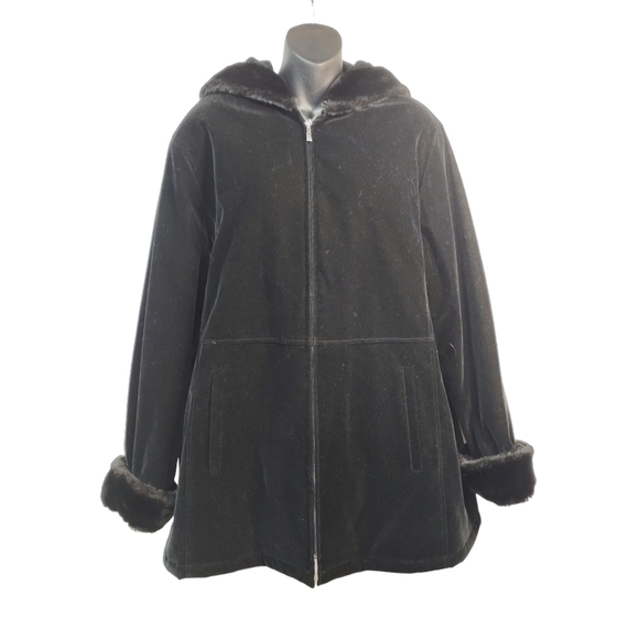FORECASTER SPORT Black Velvet Parka Coat Faux Fur Trim Hooded SZ L - Picture 1 of 9